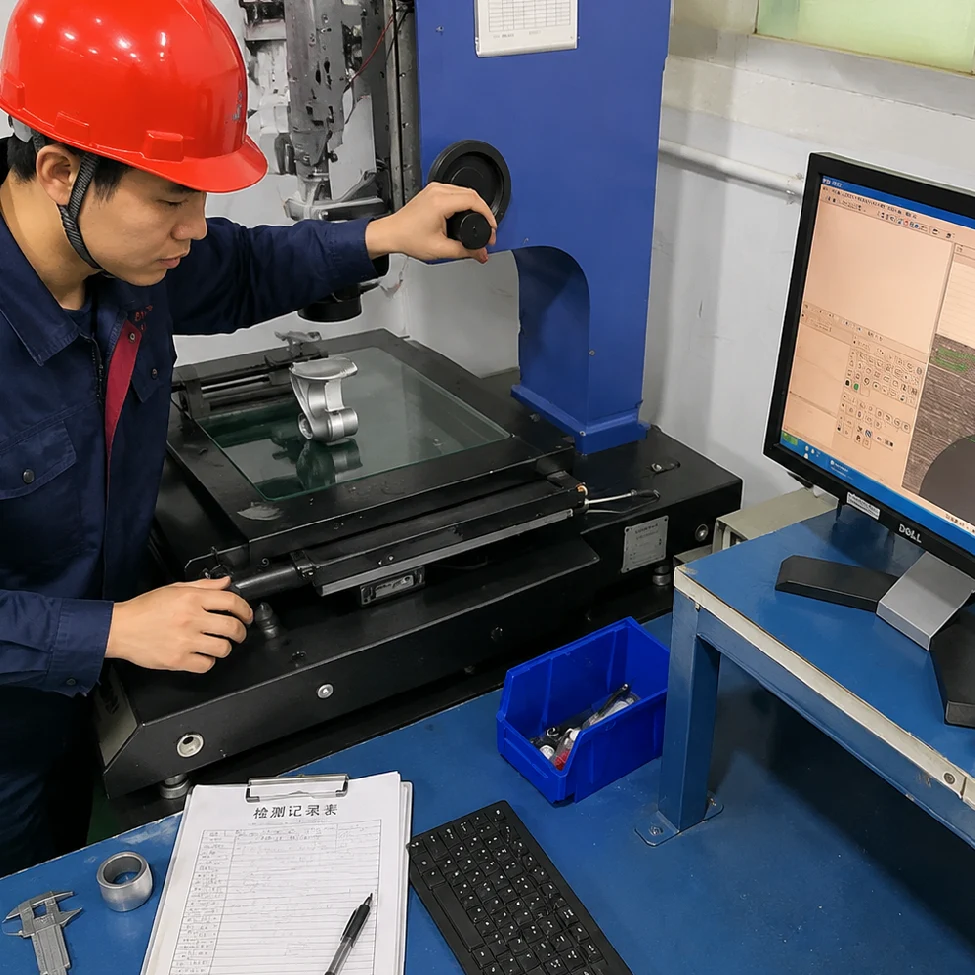2d-vision-measuring-inspection-small-cnc-parts - likundacnc.com 技术员操作二次元影像测量仪检测小型精密 CNC 零件轮廓尺寸