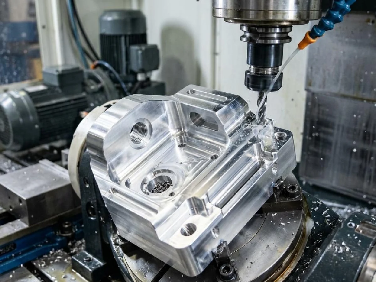 5-axis-cnc-machining-aluminum-housing-milling - likundacnc.com 五轴 CNC 加工中心对铝合金箱体毛坯进行多面铣削钻孔加工
