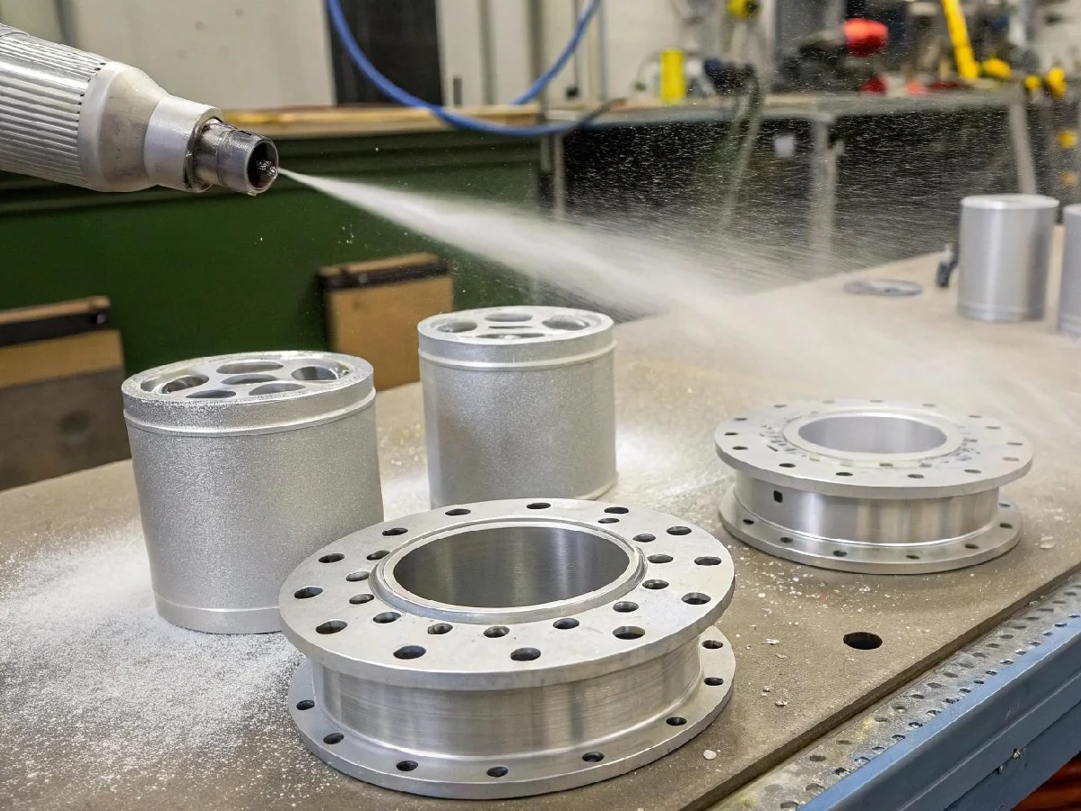 aluminum-cnc-flange-parts-sandblasting-surface-finishing - likundacnc.com 喷砂设备对铝合金法兰、筒类 CNC 零件进行表面哑光细化处理,去除加工刀纹