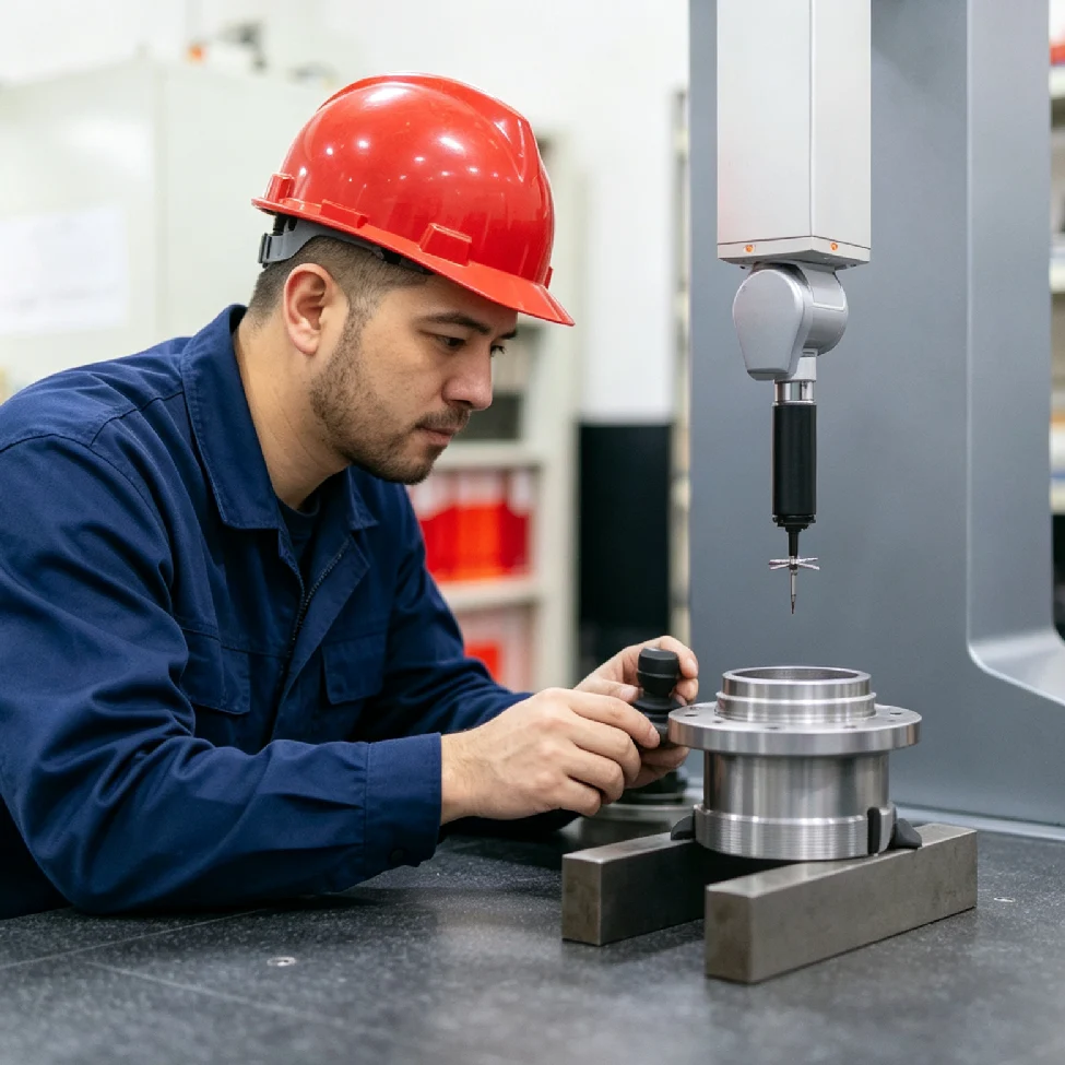 cmm-coordinate-measuring-inspection-cnc-parts - likundacnc.com 质检工程师使用 CMM 三坐标测量机检测精密法兰零件尺寸,分析几何公差