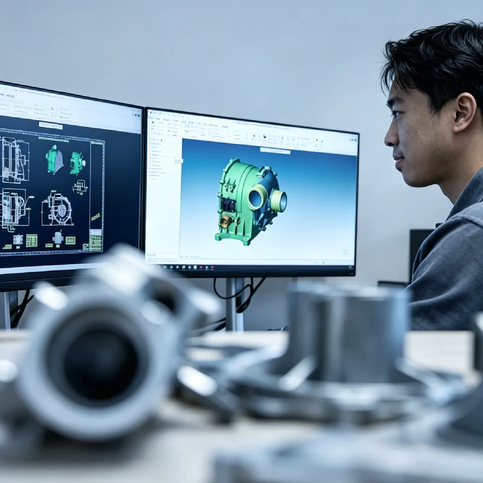 工程师在电脑端查看零件 2D 工程图与 3D 模型，提供图纸分析与工艺方案支持