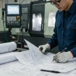 车间技术员对照纸质机械加工图纸核对工艺，背景摆放多台 CNC 数控设备