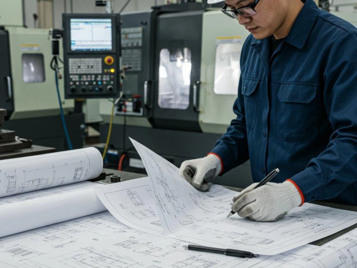 cnc-engineer-check-paper-engineering-drawing-workshop - likundacnc.com 车间技术员对照纸质机械加工图纸核对工艺,背景摆放多台 CNC 数控设备