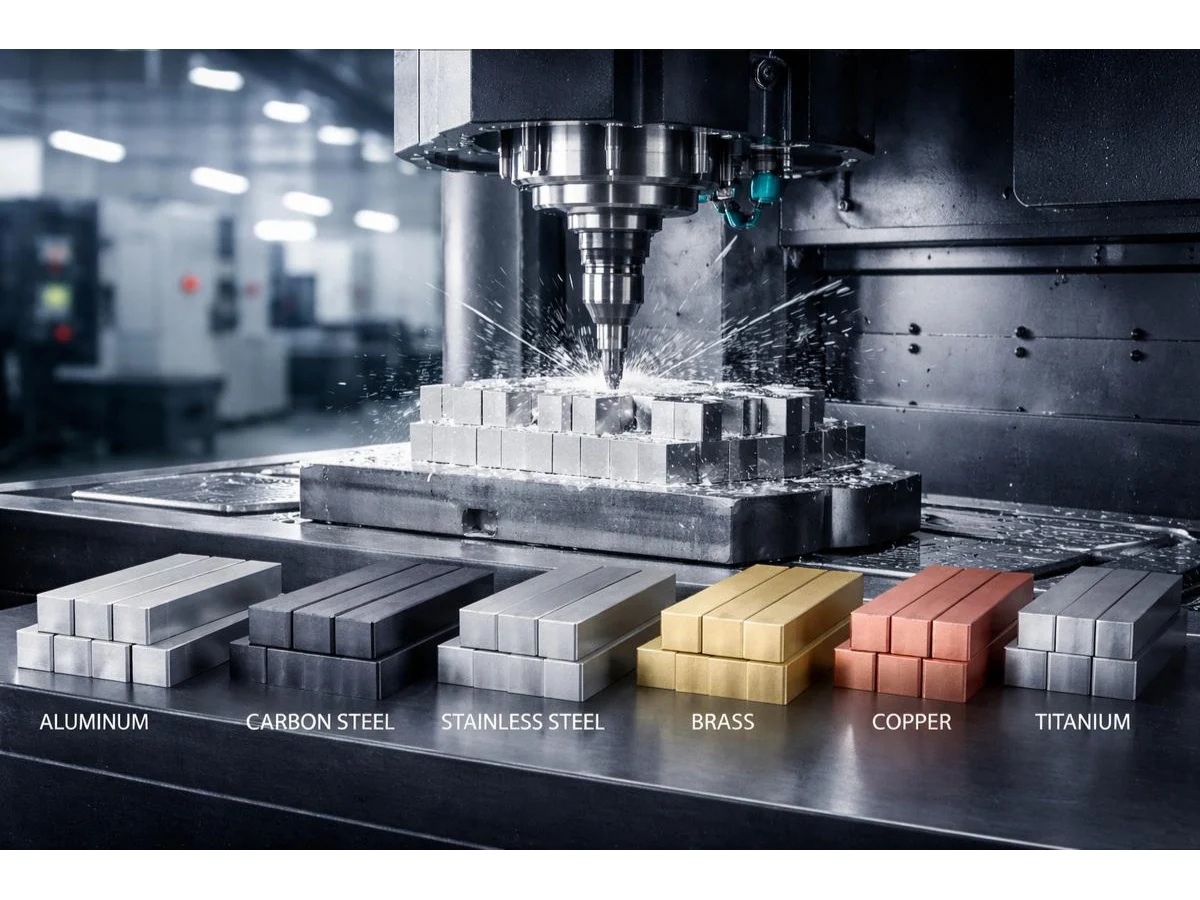 cnc-machining-multi-metal-material-blank-milling-scene - likundacnc.com 立式加工中心铣削金属坯料,前置展示铝、碳钢、不锈钢、黄铜、紫铜、钛合金原材料型材