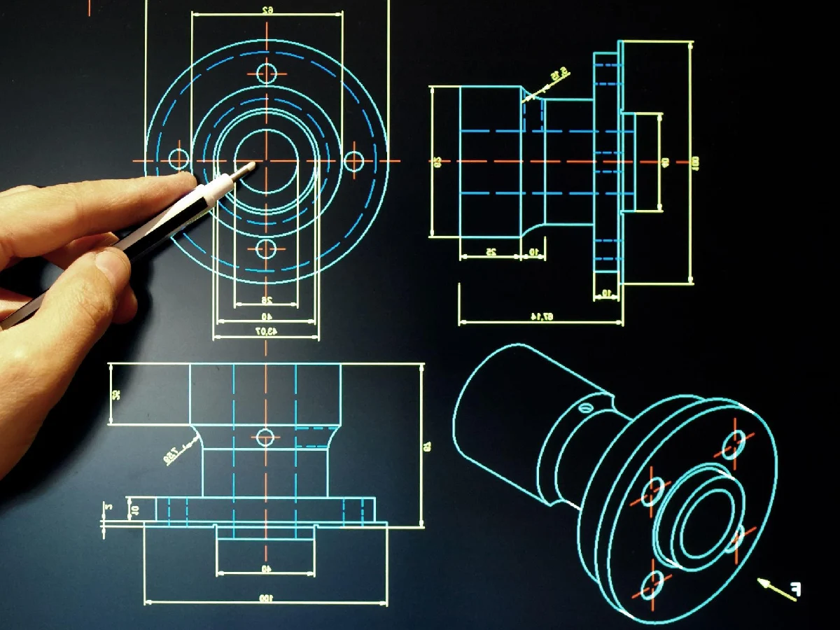 cnc-parts-2d-engineering-drawing-design - likundacnc.com 带尺寸公差的法兰类精密零件二维工程图纸,包含三视图与 3D 线框模型