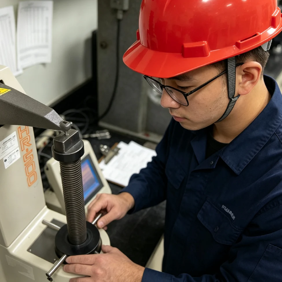 cnc-parts-material-hardness-testing-inspection - likundacnc.com 质检人员使用硬度检测仪检测金属零件材质与热处理性能