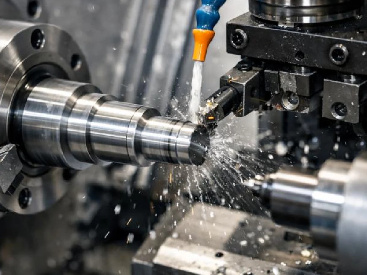 cnc-turning-lathe-shaft-parts-cutting-scene - likundacnc.com 数控车床车削金属阶梯轴零件,刀具切削过程喷淋冷却润滑液