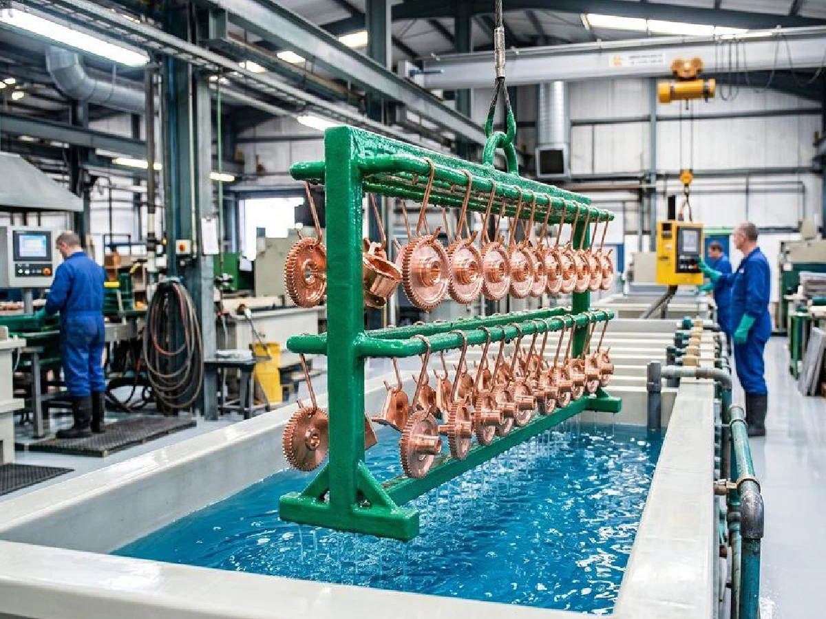 copper-parts-electroplating-production-line-factory - likundacnc.com 车间电镀生产线,铜合金齿轮零件浸泡药水槽做电镀防腐表面处理