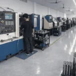 数控加工车间全景，技术员操作多台 CNC 设备，成品轴类零件整齐摆放