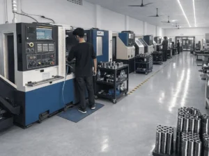 数控加工车间全景，技术员操作多台 CNC 设备，成品轴类零件整齐摆放