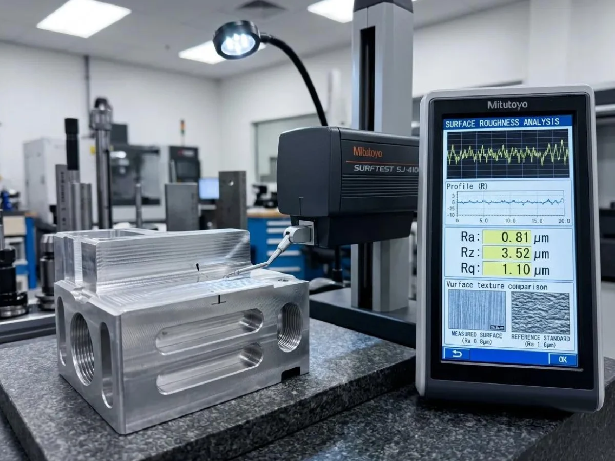 surface-roughness-tester-aluminum-cnc-parts-inspection - likundacnc.com 粗糙度检测仪测量 CNC 铝合金壳体表面 Ra/Rz 数值,把控表面加工精度